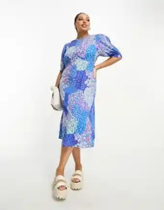 Asos Influence plus flutter sleeve midi tea dress in blue floral print oferta