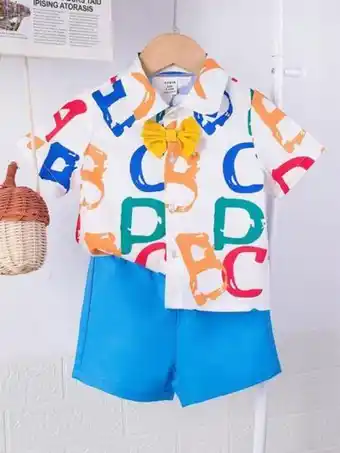 Shein Bebé niño camisa con lazo delantero con estampado de letra & shorts oferta