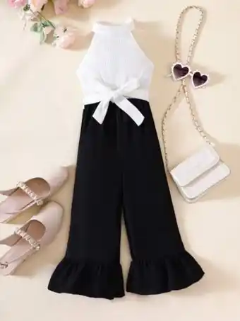 Shein Niñas mono halter de dos tonos bajo con fruncido oferta
