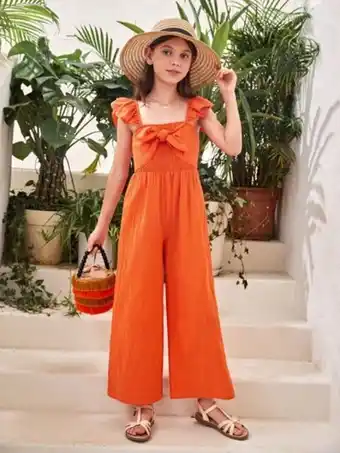 Shein Chicas mono de pierna ancha ribete con fruncido con lazo delantero oferta