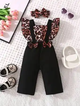 Shein Bebé mono overol con estampado de leopardo ribete con fruncido con lazo delantero con banda cabeza oferta