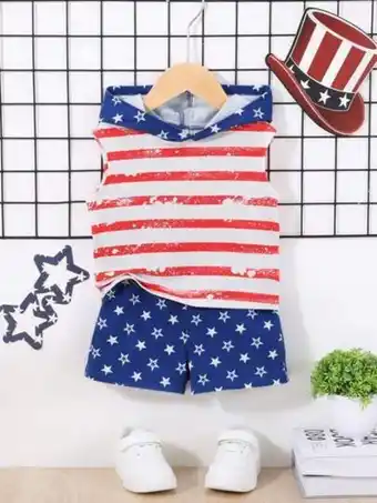 Shein Bebé niño top tank con estampado de rayas y estrella con capucha & shorts para día de la independencia oferta