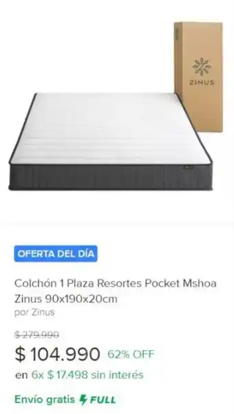 Colchón 1 Plaza Resortes Pocket Mshoa Zinus 90x190x20cm