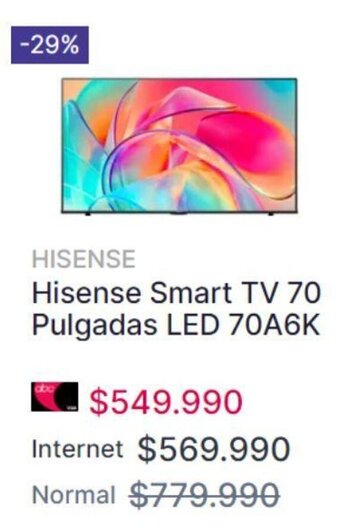Abcdin Hisense Smart TV 70 Pulgadas LED 70A6K oferta