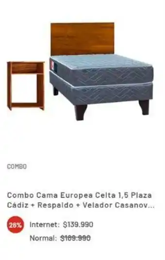 La Polar Combo Cama Europea Celta 1,5 Plaza Cádiz + Respaldo + Velador Casanov... oferta
