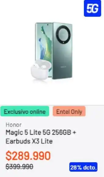 Entel Honor Magic 5 Lite 5G 256GB + Earbuds X3 Lite oferta