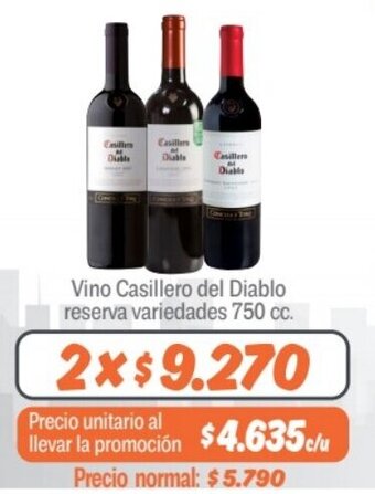 Mayorista 10 Vino Casillero del Diablo reserva variedades 750 cc. x 2 oferta