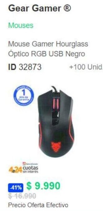 PC Factory Gear Gamer Ⓡ Mouse Gamer Hourglass Óptico RGB USB Negro ID 32873 oferta