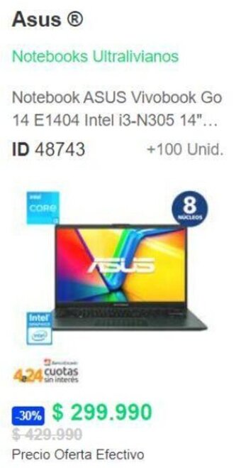 PC Factory Asus Ⓡ Notebook ASUS Vivobook Go 14 E1404 Intel i3-N305 14"... ID 48743 +100 Unid. oferta