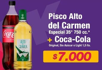OK Market Pisco Alto del Carmen Especial 35° 750 cc.* + Coca-Cola Original, Sin Azúcar o Light 1,5 Its. oferta
