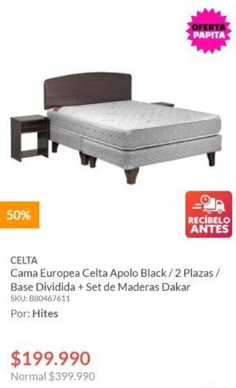 Hites CELTA Cama Europea Apolo Black / 2 Plazas / Base Dividida + Set de Maderas Dakar oferta