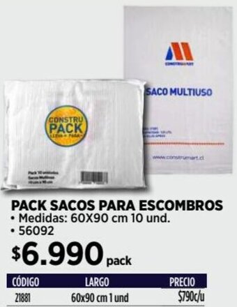 Construmart PACK SACOS PARA ESCOMBROS 60X90 cm 10 und oferta