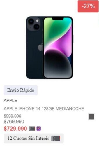 Ripley APPLE IPHONE 14 128GB MEDIANOCHE oferta