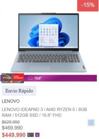 Ripley LENOVO IDEAPAD 3/AMD RYZEN 5/8GB RAM/512GB SSD / 15.6" FHD oferta