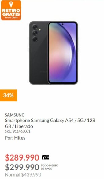 Hites SAMSUNG Galaxy A54 / 5G / GB / Liberado 128 oferta