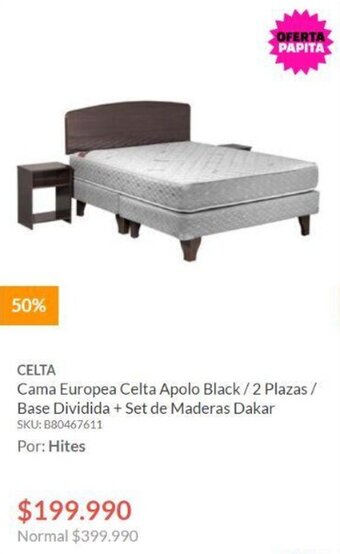 Hites CELTA Cama Europea Apolo Black / 2 Plazas/ Base Dividida + Set de Maderas Dakar oferta