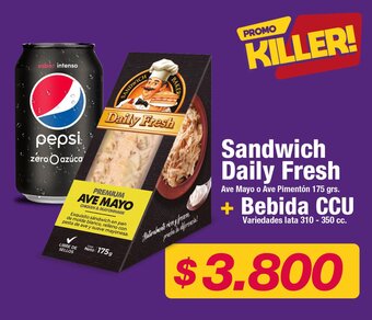 OK Market Sandwich Daily Fresh Ave Mayo o Ave Pimentón 175 grs. + Bebida CCU Variedades lata 310 - 350 cc. oferta