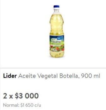 Lider Lider Aceite Vegetal Botella, 900 ml x 2 oferta