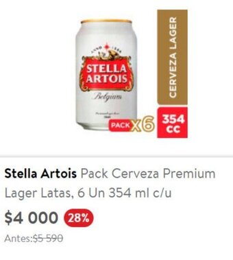 Lider Stella Artois Pack Cerveza Premium Lager Latas, 6 Un 354 ml c/u oferta