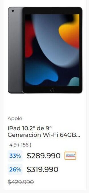 Paris Apple iPad 10.2" de 9⁰ Generación Wi-Fi 64GB oferta