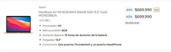 Paris Apple MacBook Air M1 8GB RAM 256GB SSD 13.3" Gold MGND3BE/A oferta