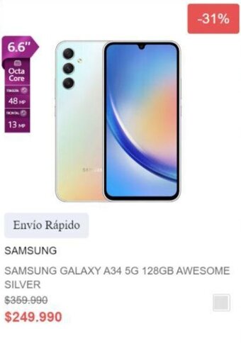 Ripley SAMSUNG GALAXY A34 5G 128GB AWESOME SILVER oferta