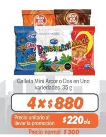 Mayorista 10 Galleta Mini Arcor o Dos en Uno variedades 35 g x 4 oferta