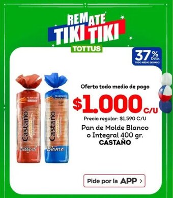 Tottus Pan de Molde Blanco o Integral 400 gr. CASTAÑO oferta