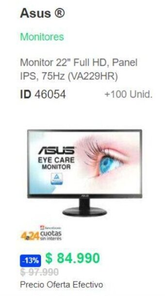 PC Factory Asus Monitor 22" Full HD, Panel IPS, 75Hz (VA229HR) oferta