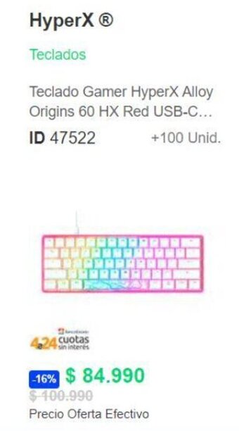 PC Factory Teclado Gamer HyperX Alloy Origins 60 HX Red USB-C oferta