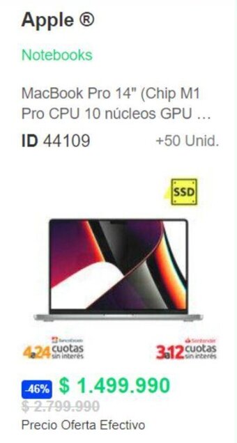 PC Factory Apple MacBook Pro 14" (Chip M1 Pro CPU 10 núcleos GPU oferta