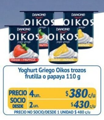 Alvi Yoghurt Griego Oikos trozos frutilla o papaya 110 g x 4 un. oferta