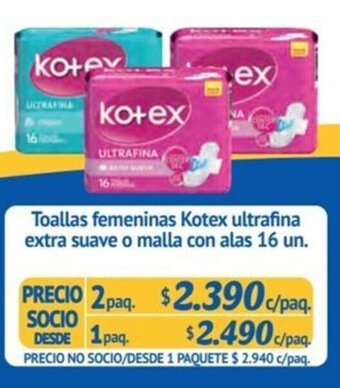 Alvi Toallas femeninas Kotex ultrafina extra suave o malla con alas 16 un. x 2paq. oferta