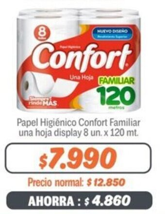 Mayorista 10 Papel Higiénico Confort Familiar una hoja display 8 un. x 120 mt. oferta