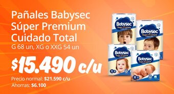 Unimarc Pañales Babysec Súper Premium Cuidado Total G 68 un, XG o XXG 54 un oferta