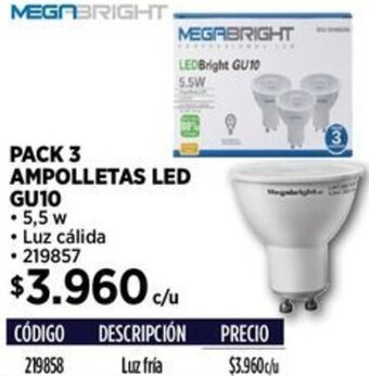 Construmart MEGABRIGHT PACK 3 AMPOLLETAS LED GU10 oferta