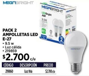Construmart MEGABRIGHT PACK 2 AMPOLLETAS LED E-27 9.5W oferta