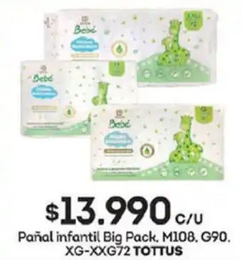 Tottus Tottus Pañal Infantil Big Pack, M108, G90, XG-XXG72 oferta
