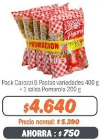 Mayorista 10 Pack Carozzi 5 Pastas variedades 400 g + 1 salsa Pomarola 200g oferta