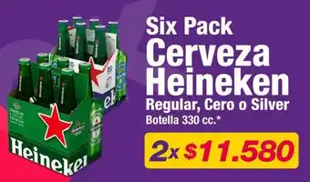 Six Pack Cerveza Heineken Regular, Cero o Silver Botella 330 cc. x 2