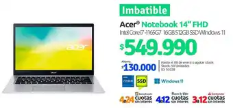 PC Factory Imbatible Acer Notebook 14" FHD Intel Core i7-1165G7 16GB 512GB SSD Windows 11 oferta