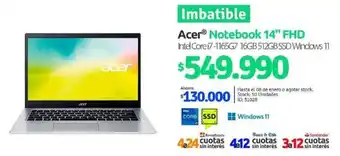 PC Factory Imbatible Acer Notebook 14" FHD Intel Core i7-1165G7 16GB 512GB SSD Windows 11 oferta