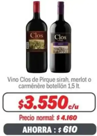 Mayorista 10 Vino Clos de Pirque sirah, merlot o carménère botellón 1,5It oferta