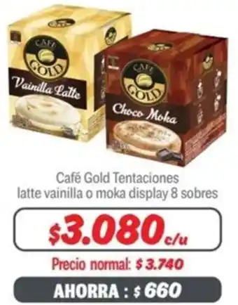 Mayorista 10 Café Gold Tentaciones latte vainilla o moka display 8 sobres oferta