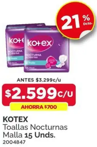 KOTEX Toallas Nocturnas Malla 15 Unds