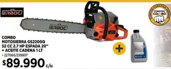 Construmart ERBOC COMBO MOTOSIERRA GS2200Q 52 CC 2.7 HP ESPADA 20" + ACEITE CADENA 1LT oferta