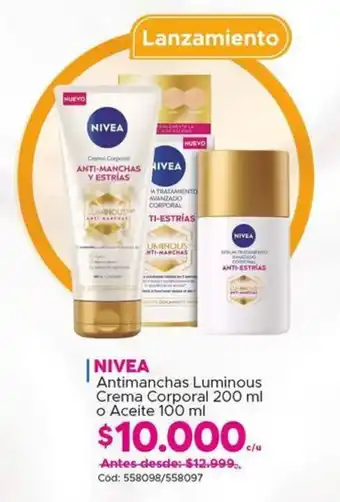 Maicao NIVEA Antimanchas Luminous Crema Corporal 200 ml o Aceite 100 ml oferta