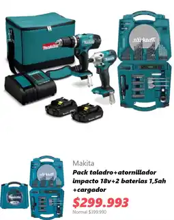 Makita Pack taladro+atornillador impacto 18v+2 baterias 1,5ah +cargador