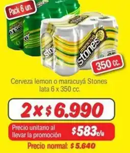 Mayorista 10 Cerveza lemon o maracuyá Stones lata 6 x 350 cc. oferta
