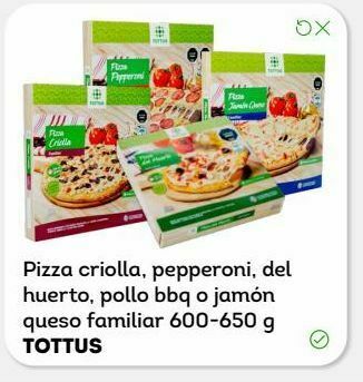 Tottus Pizza criolla, pepperoni, del huerto, pollo bbq o jamón queso familiar 600-650 g tottus oferta